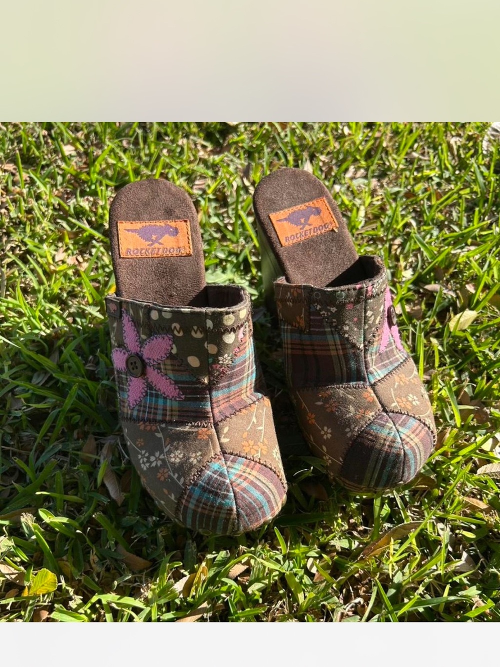 Rocket Dog Brown Patchwork Floral Plaid Clogs with Pink Accent